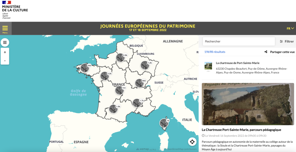 Carte des événements organisés aux Journées européennes du patrimoine 2022
